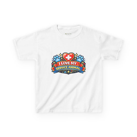 I Love My Service Animal Kid's Tee Shirt Cute Heart and Paw Print Design, Red and Blue