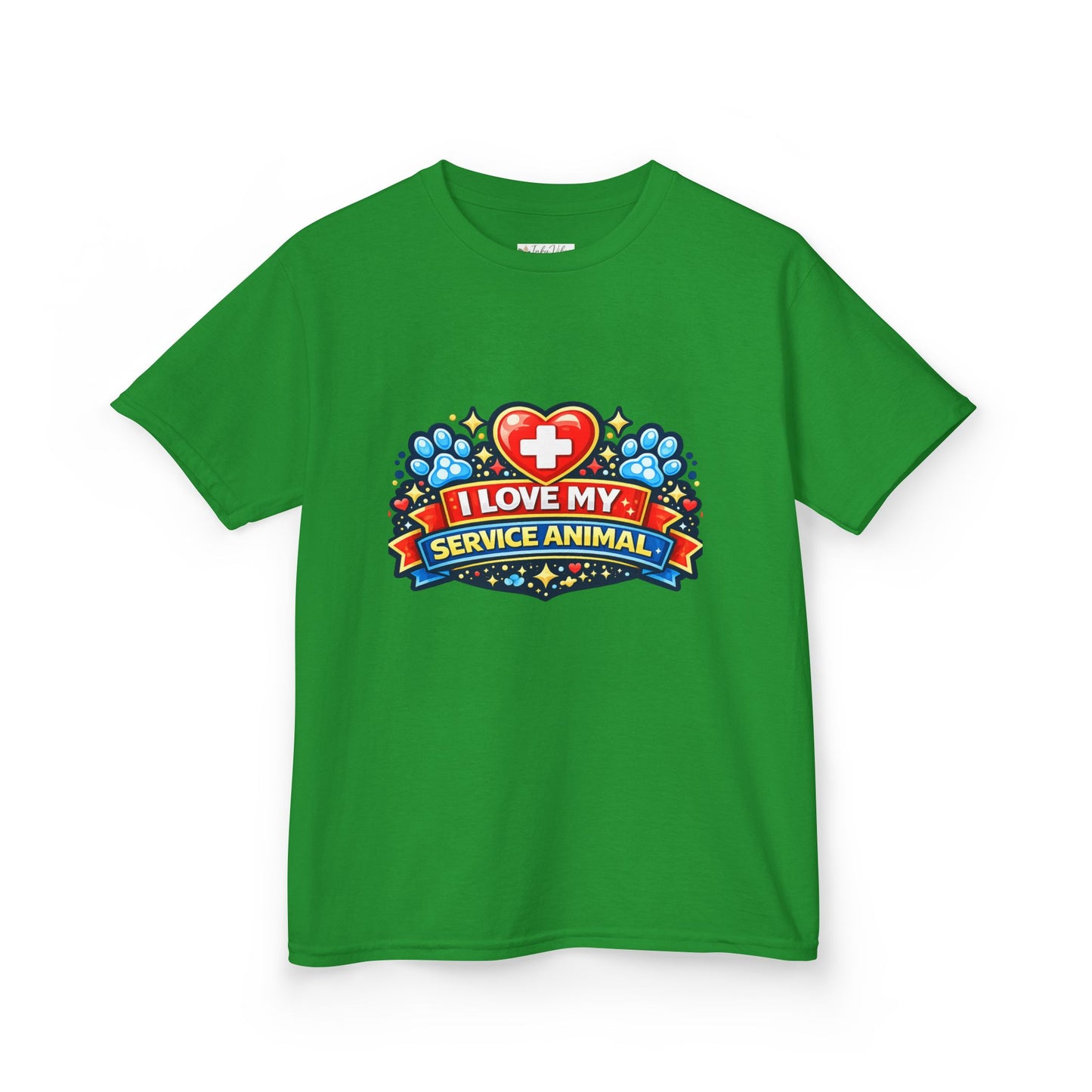 I Love My Service Animal Kid's Tee Shirt Cute Heart and Paw Print Design, Red and Blue