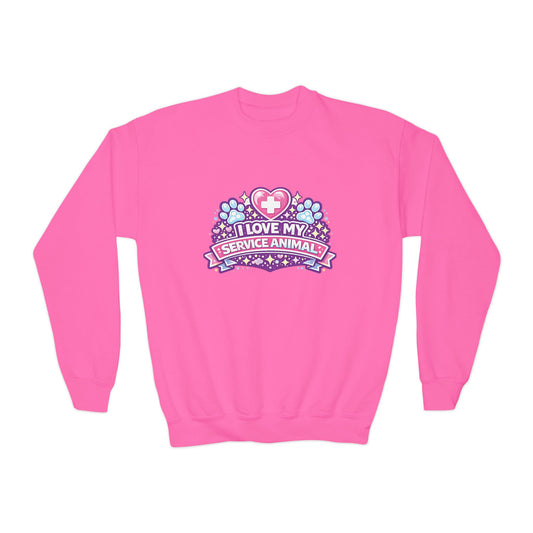 I Love My Service Animal, Youth Crewneck Sweatshirt, Matching, Pink and Purple