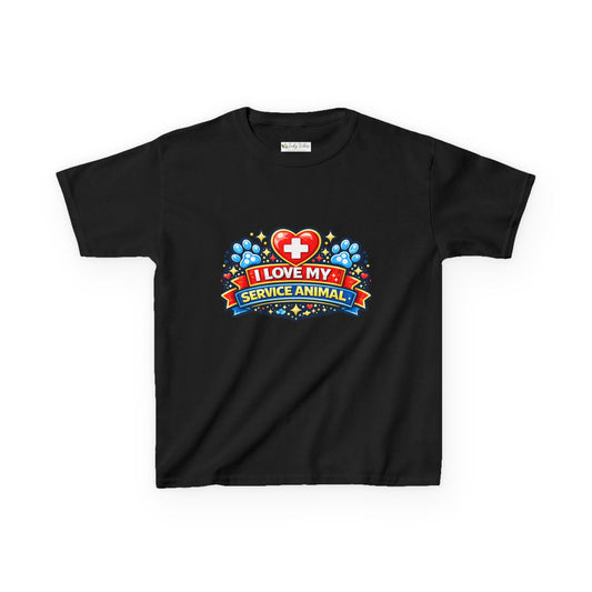 I Love My Service Animal Kid's Tee Shirt Cute Heart and Paw Print Design, Red and Blue