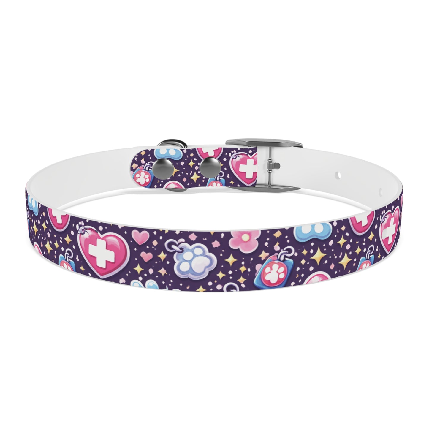 Dog Collar — Cute Paw & Heart Patterned Pet Collar (Pink and Purple)