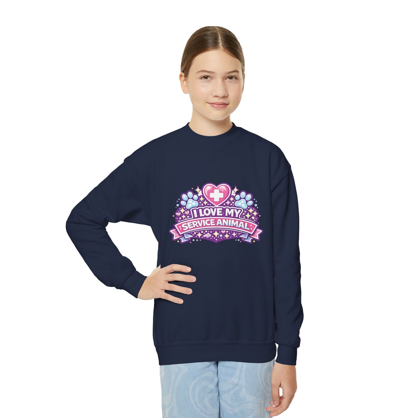 I Love My Service Animal, Youth Crewneck Sweatshirt, Matching, Pink and Purple
