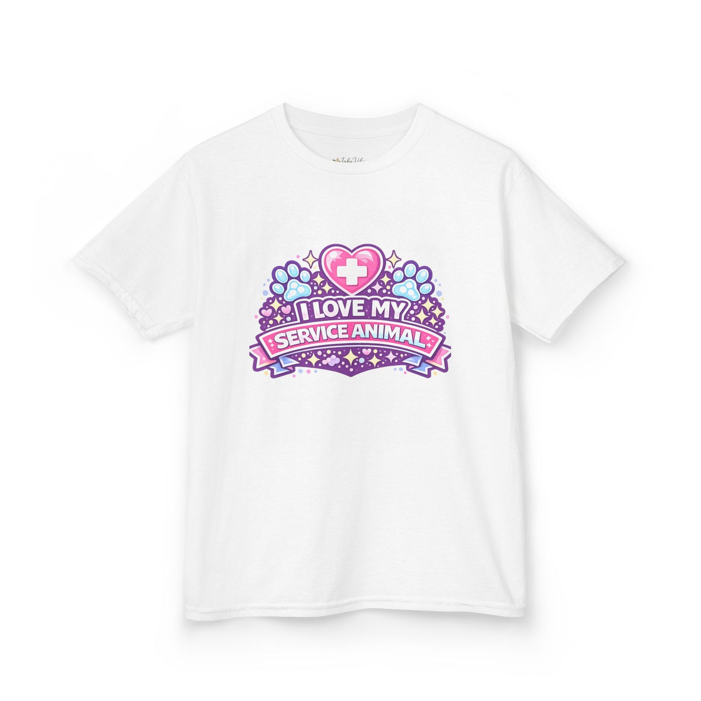 I Love My Service Animal Kid's Tee Shirt Cute Heart and Paw Print Design, Pink and Purple