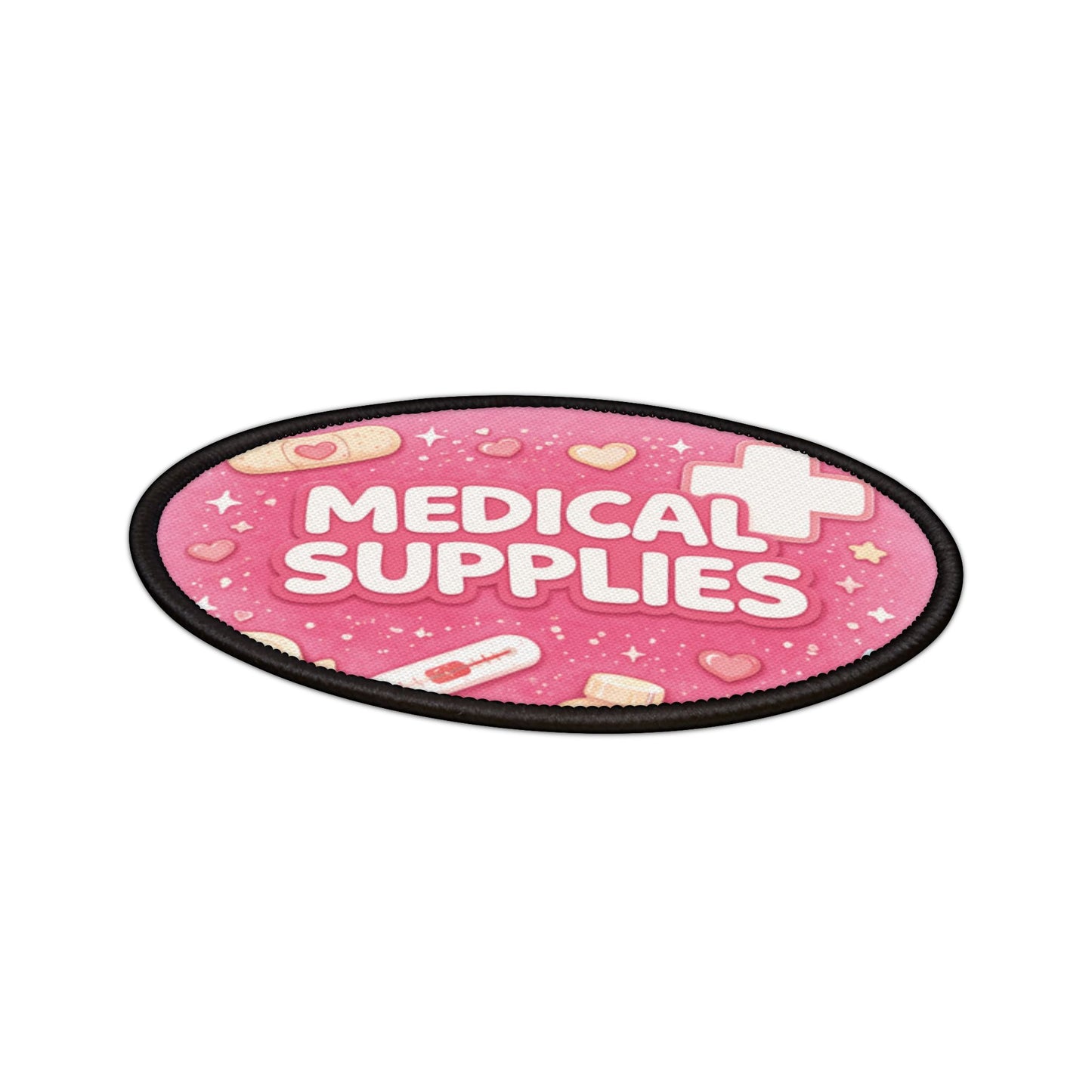 Round pink sign with 'Medical Supplies' text and medical icons on a white background