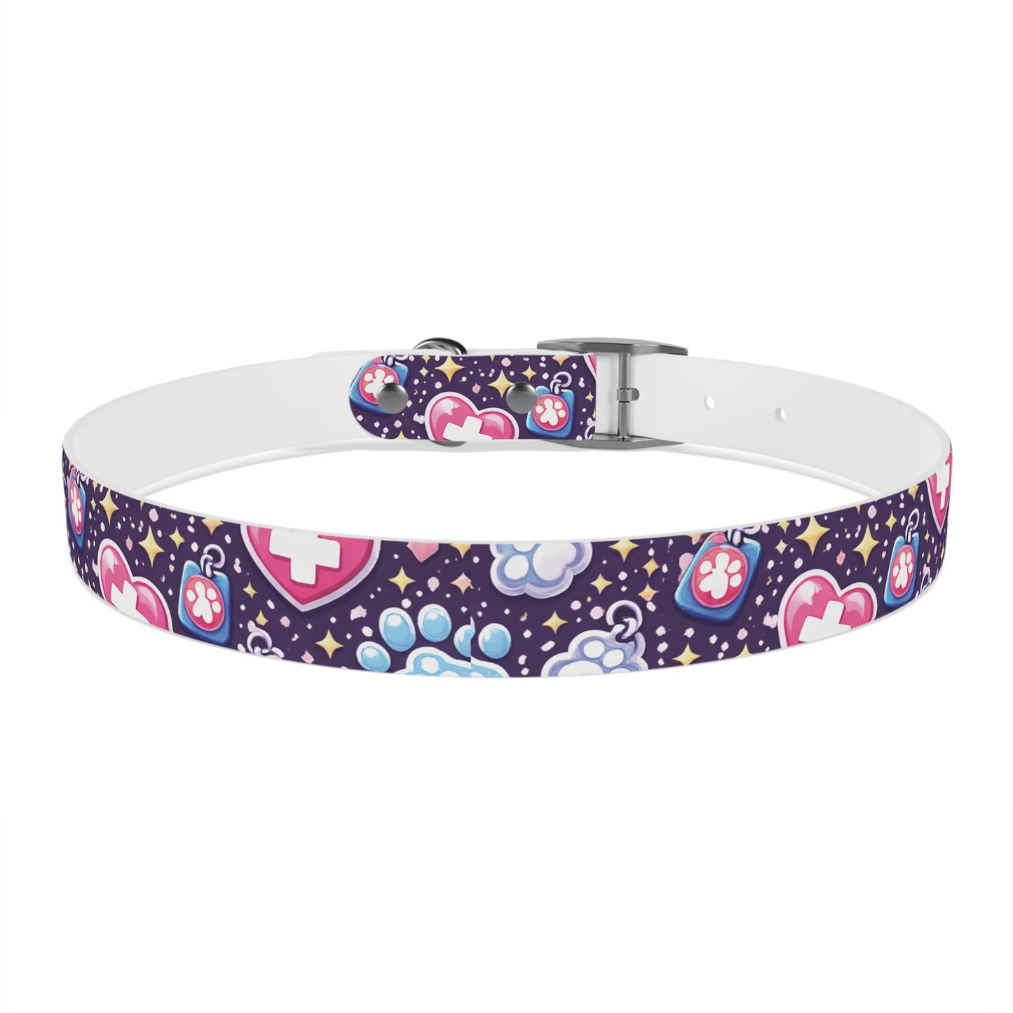 Dog Collar — Cute Paw & Heart Patterned Pet Collar (Pink and Purple)