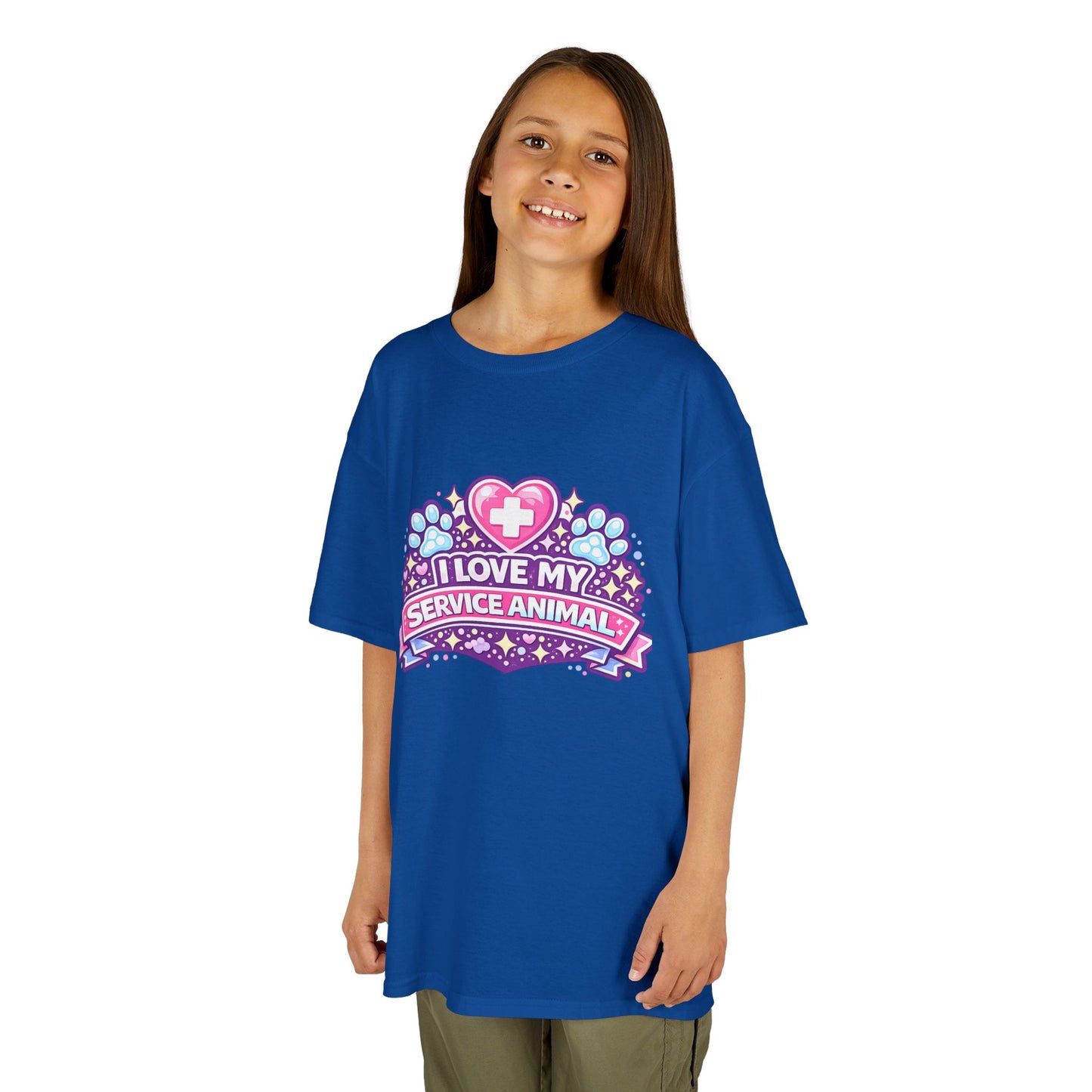 I Love My Service Animal Kid's Tee Shirt Cute Heart and Paw Print Design, Pink and Purple