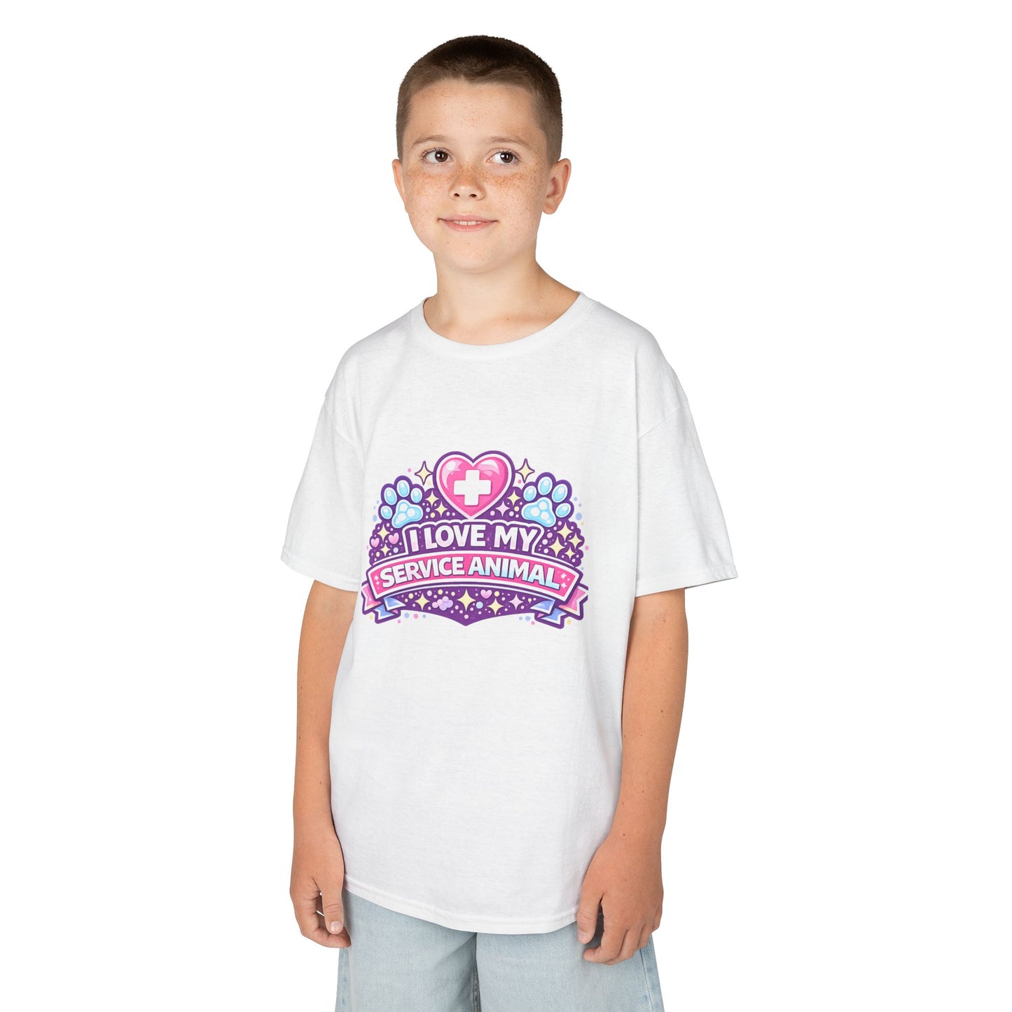 I Love My Service Animal Kid's Tee Shirt Cute Heart and Paw Print Design, Pink and Purple