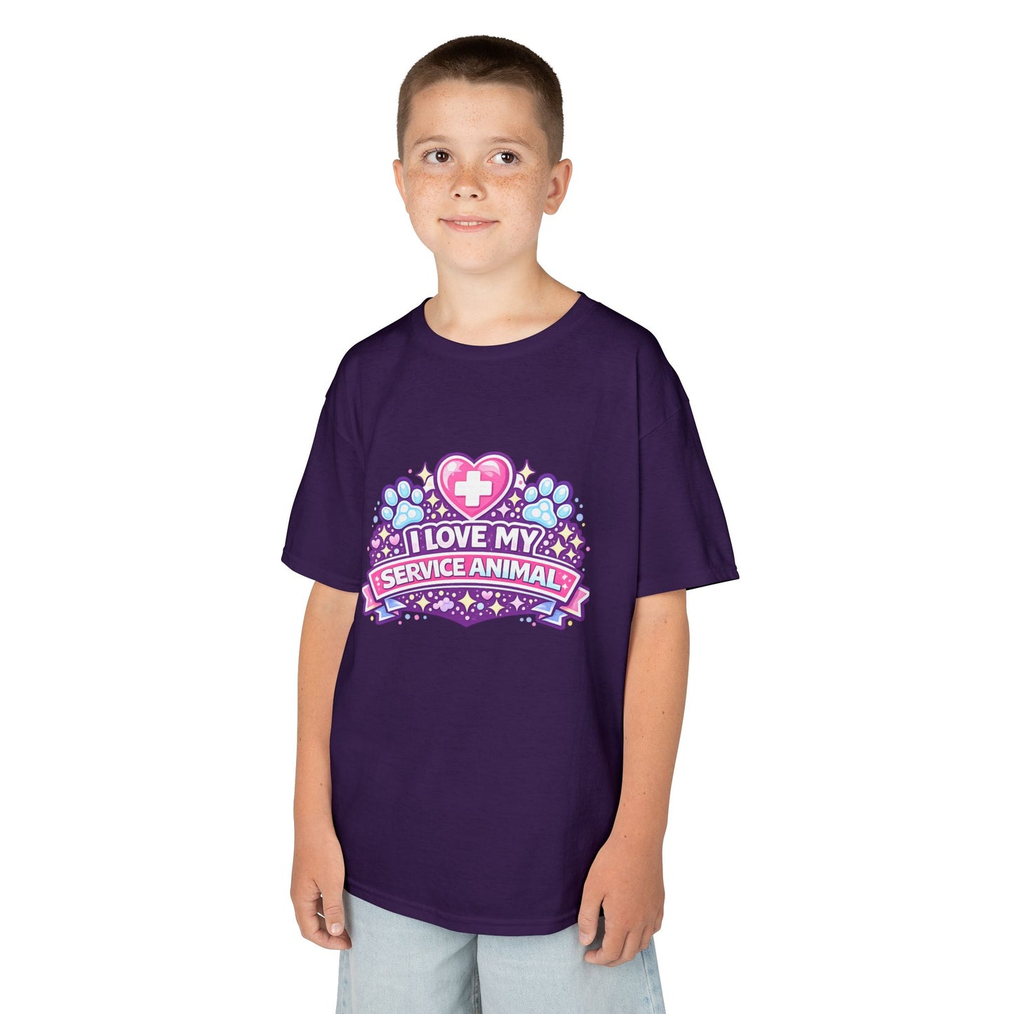 I Love My Service Animal Kid's Tee Shirt Cute Heart and Paw Print Design, Pink and Purple