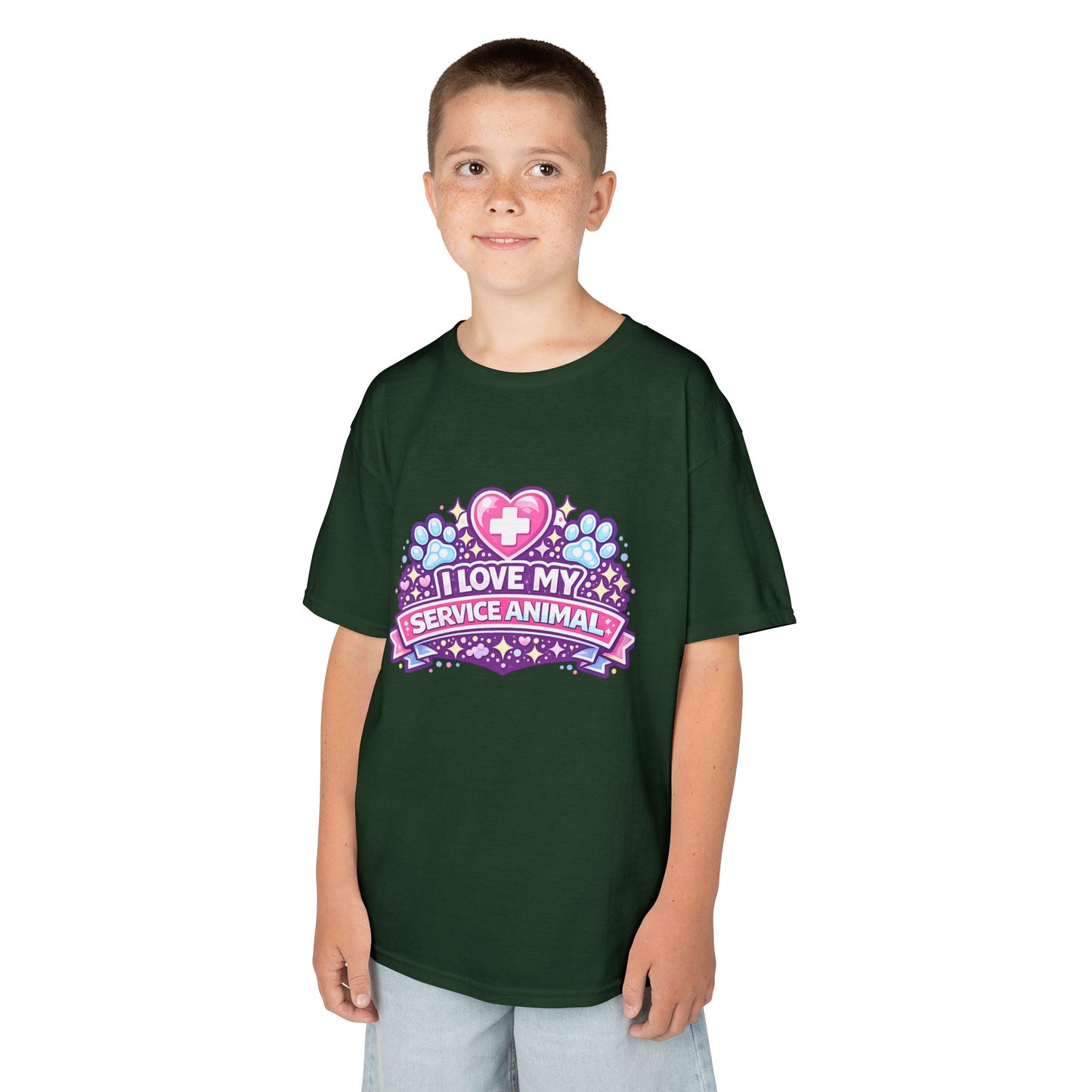 I Love My Service Animal Kid's Tee Shirt Cute Heart and Paw Print Design, Pink and Purple