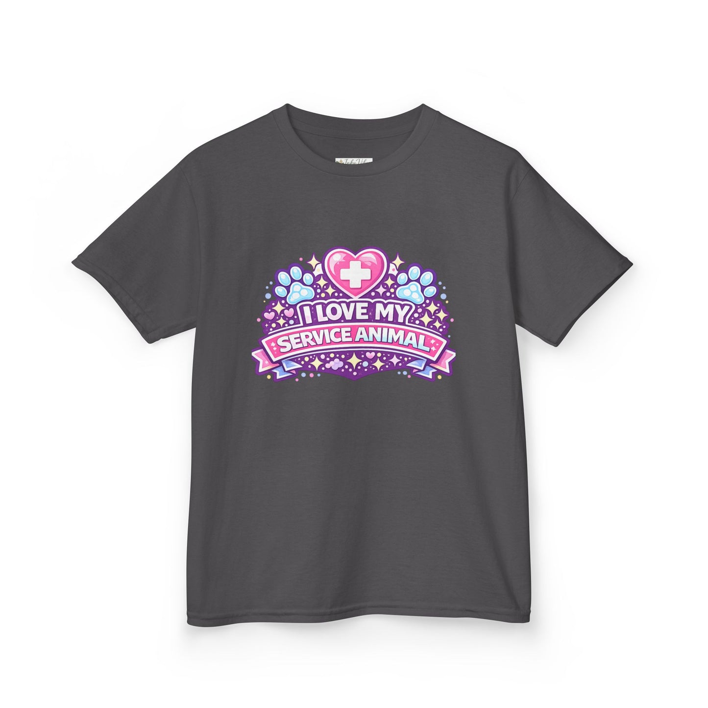 I Love My Service Animal Kid's Tee Shirt Cute Heart and Paw Print Design, Pink and Purple