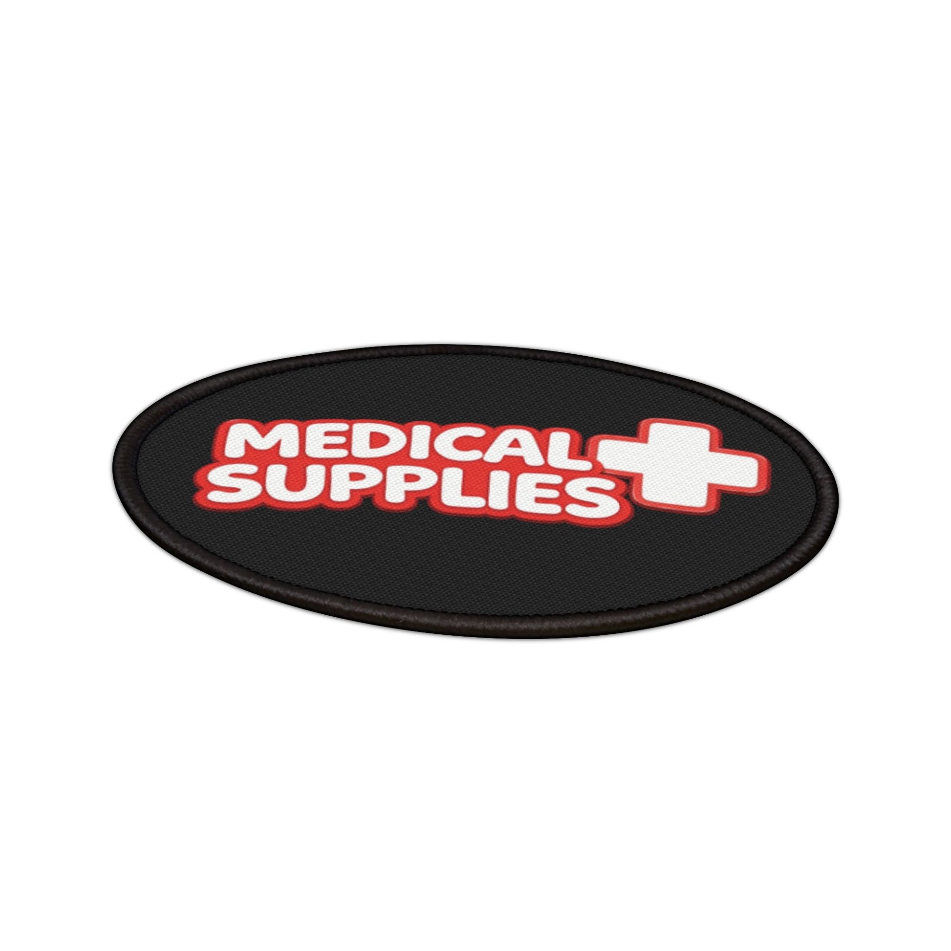 Black oval patch with 'Medical Supplies' text and a cross symbol on a white background
