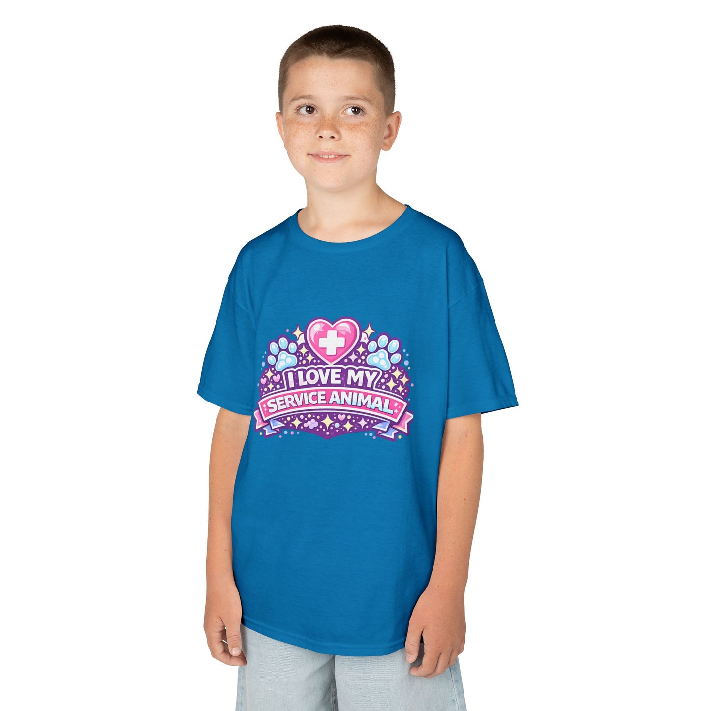 I Love My Service Animal Kid's Tee Shirt Cute Heart and Paw Print Design, Pink and Purple