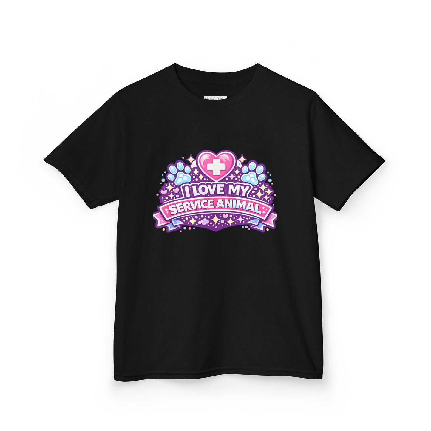 I Love My Service Animal Kid's Tee Shirt Cute Heart and Paw Print Design, Pink and Purple