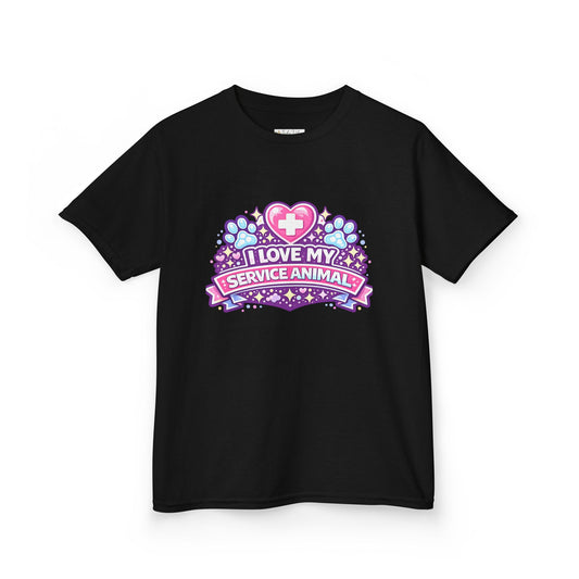 I Love My Service Animal Kid's Tee Shirt Cute Heart and Paw Print Design, Pink and Purple