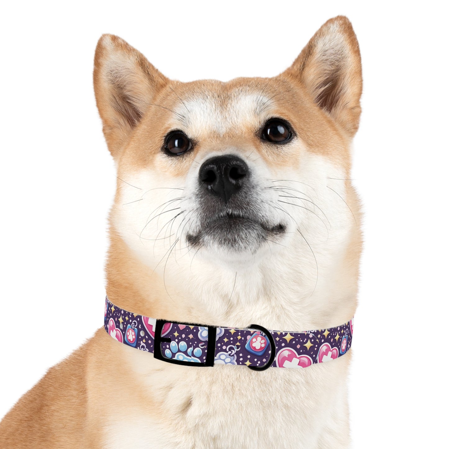 Dog Collar — Cute Paw & Heart Patterned Pet Collar (Pink and Purple)