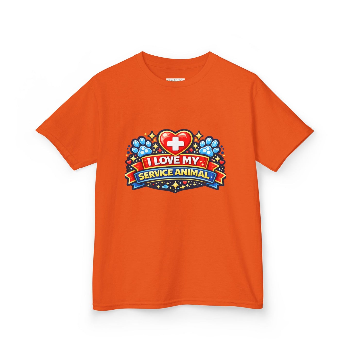 I Love My Service Animal Kid's Tee Shirt Cute Heart and Paw Print Design, Red and Blue