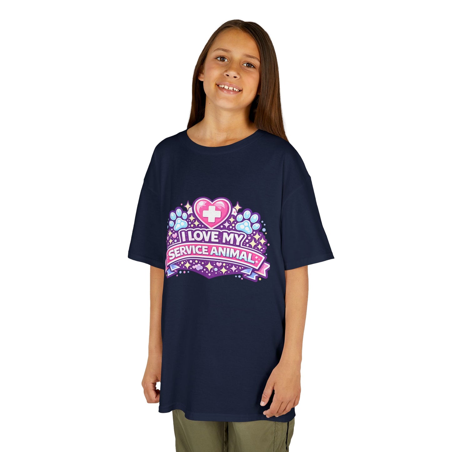 I Love My Service Animal Kid's Tee Shirt Cute Heart and Paw Print Design, Pink and Purple