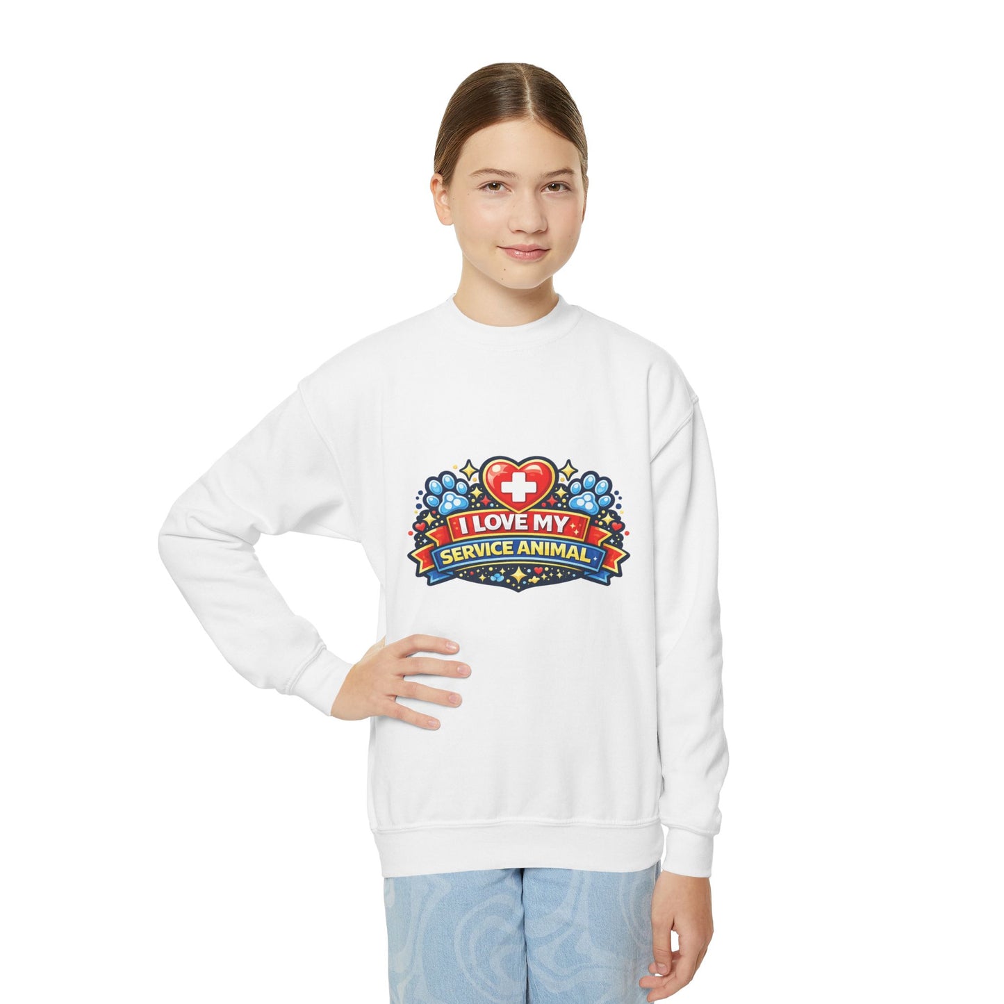 I Love My Service Animal, Youth Crewneck Sweatshirt, Matching, Red and Blue