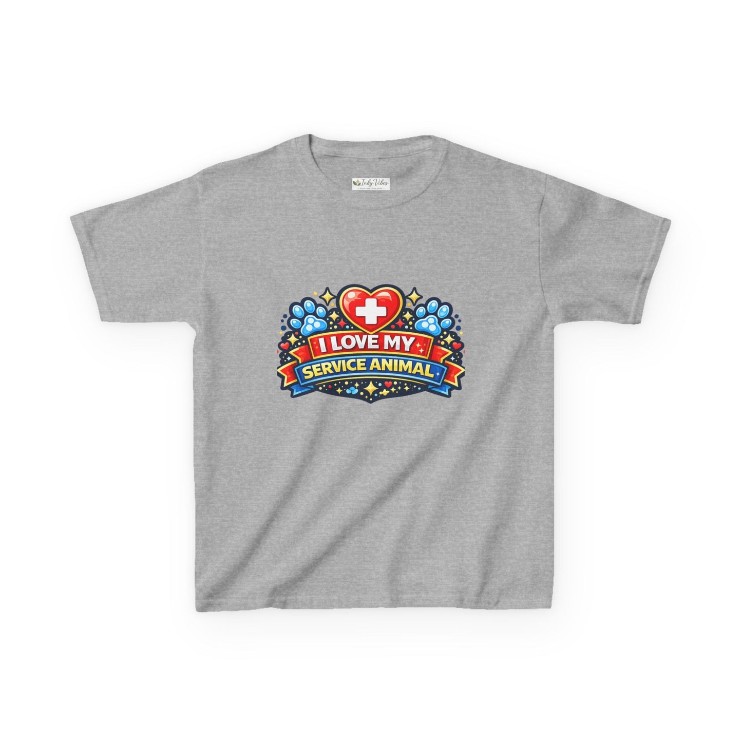 I Love My Service Animal Kid's Tee Shirt Cute Heart and Paw Print Design, Red and Blue