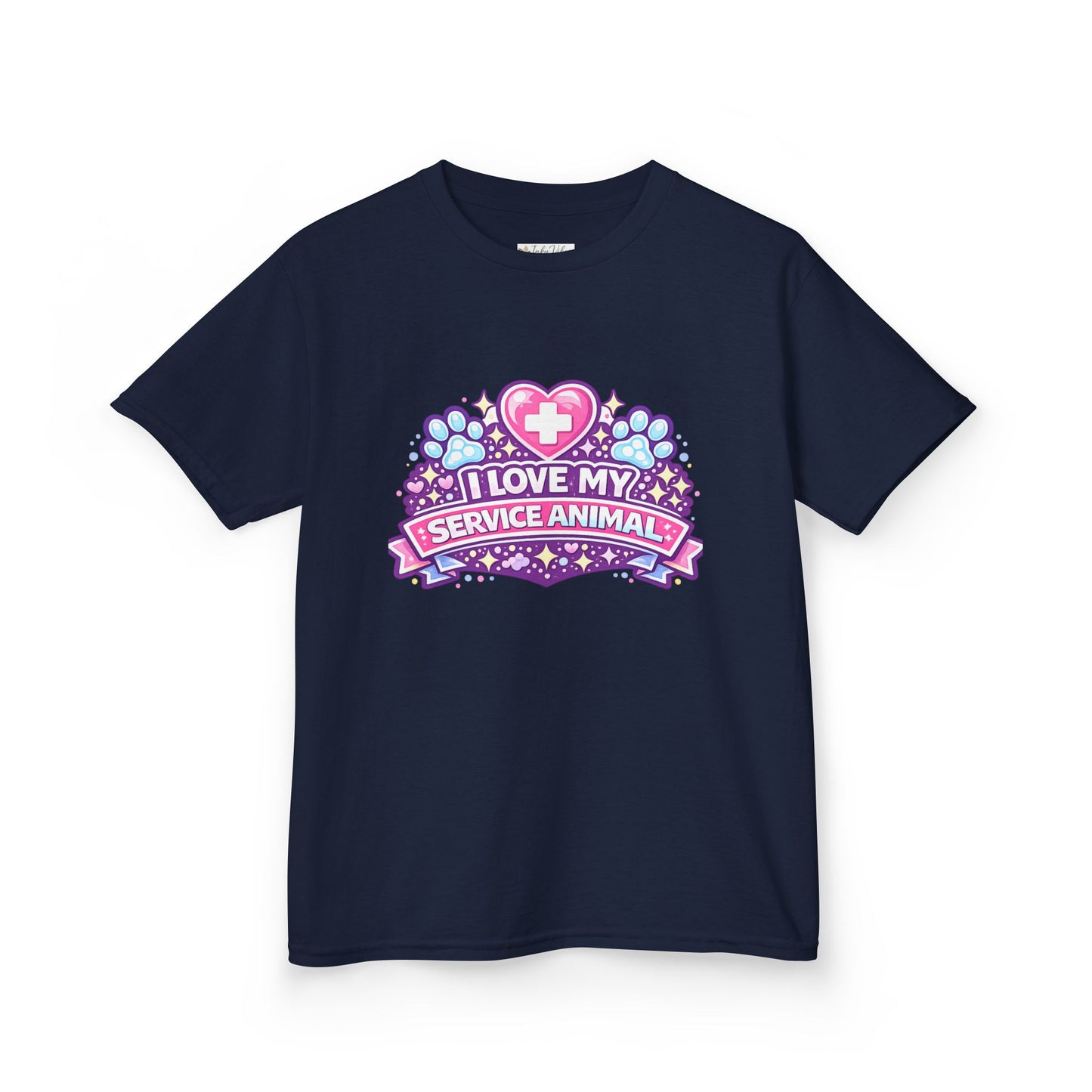 I Love My Service Animal Kid's Tee Shirt Cute Heart and Paw Print Design, Pink and Purple
