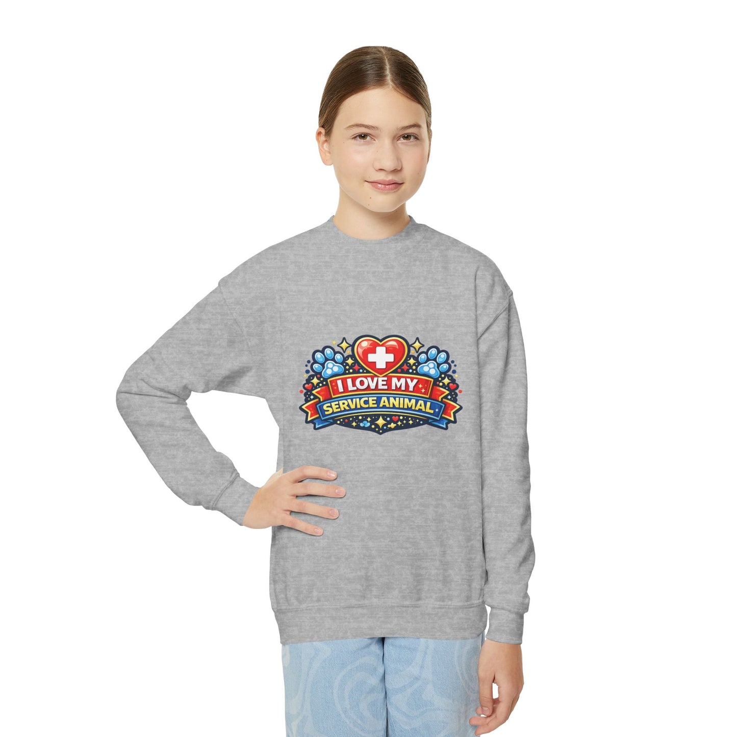 I Love My Service Animal, Youth Crewneck Sweatshirt, Matching, Red and Blue