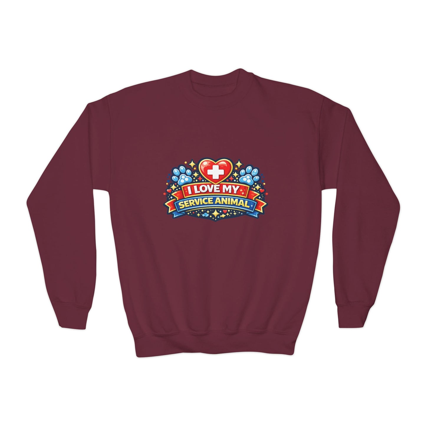 I Love My Service Animal, Youth Crewneck Sweatshirt, Matching, Red and Blue