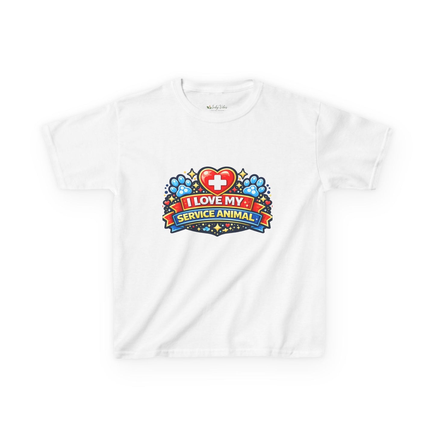 I Love My Service Animal Kid's Tee Shirt Cute Heart and Paw Print Design, Red and Blue