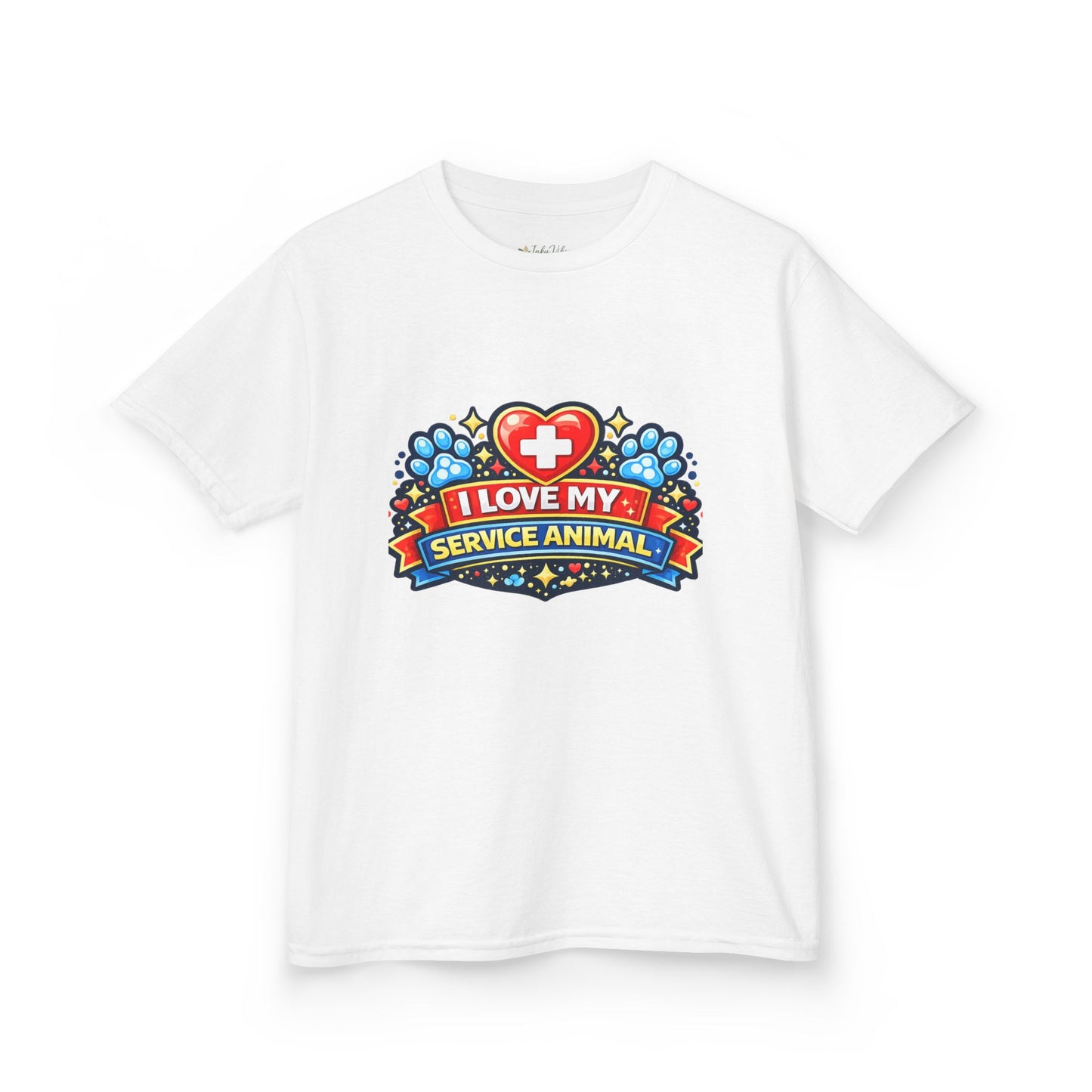 I Love My Service Animal Kid's Tee Shirt Cute Heart and Paw Print Design, Red and Blue