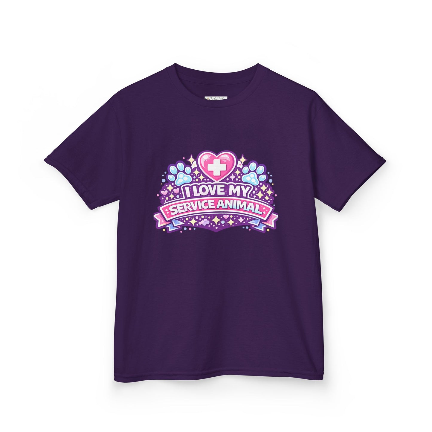 I Love My Service Animal Kid's Tee Shirt Cute Heart and Paw Print Design, Pink and Purple