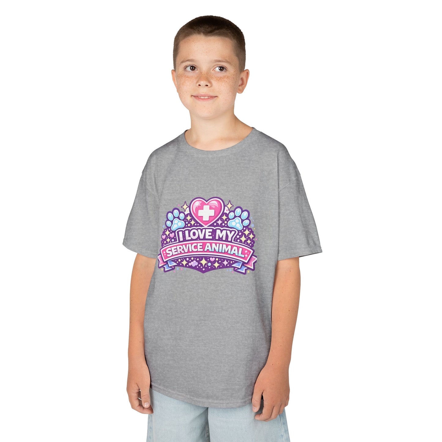 I Love My Service Animal Kid's Tee Shirt Cute Heart and Paw Print Design, Pink and Purple