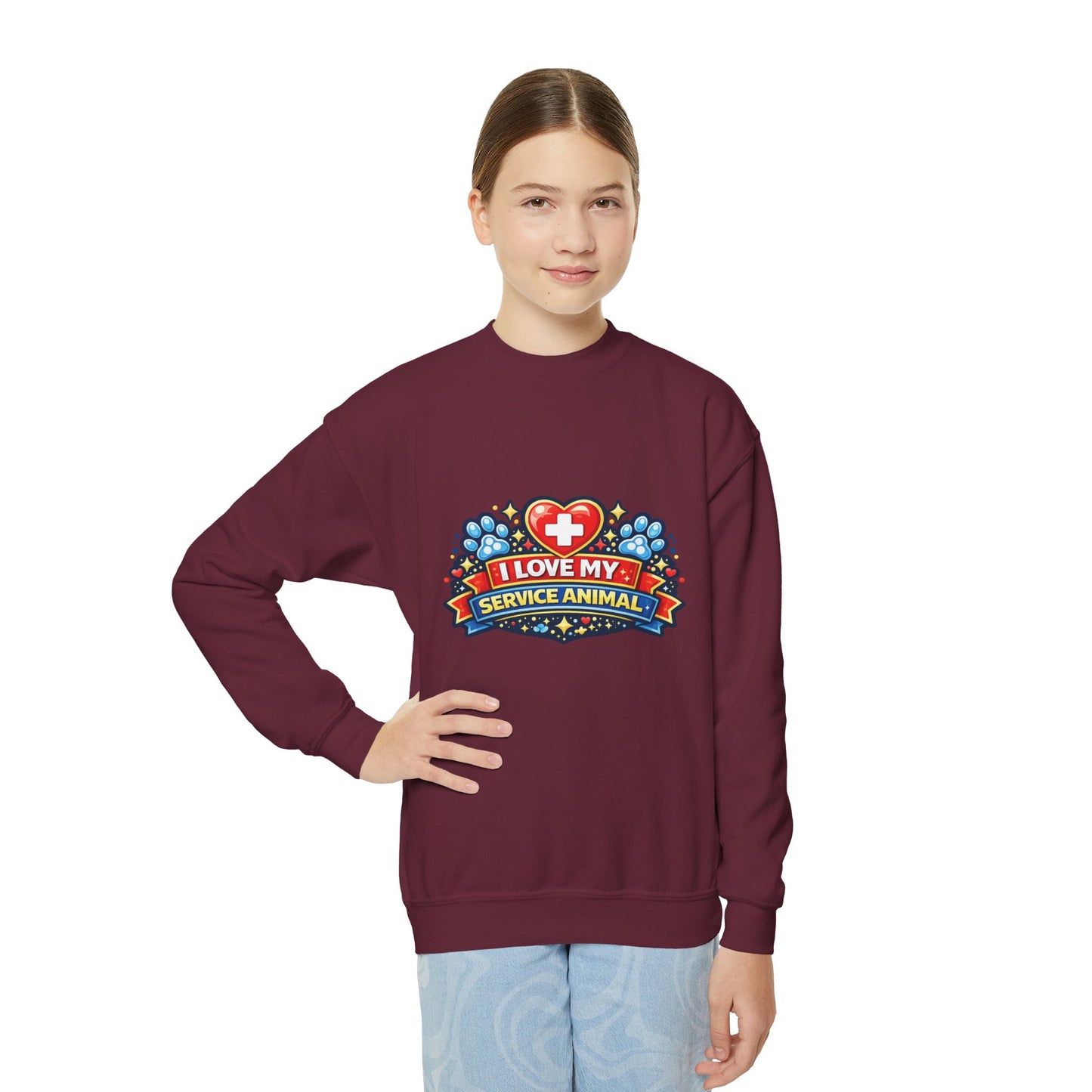 I Love My Service Animal, Youth Crewneck Sweatshirt, Matching, Red and Blue