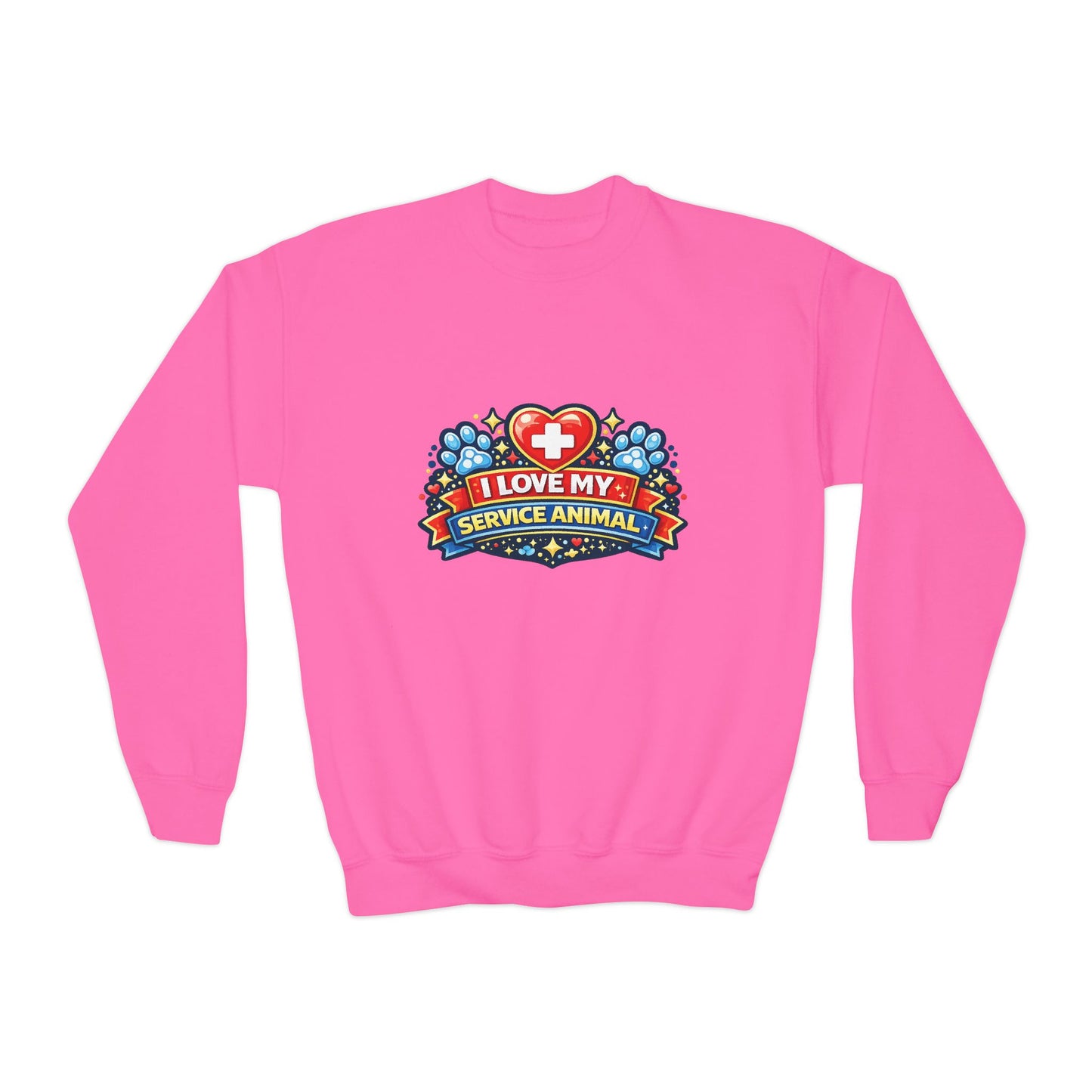 I Love My Service Animal, Youth Crewneck Sweatshirt, Matching, Red and Blue