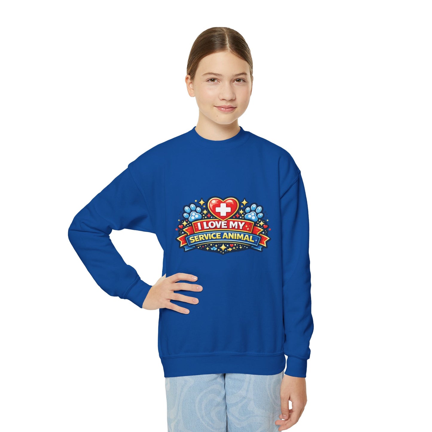 I Love My Service Animal, Youth Crewneck Sweatshirt, Matching, Red and Blue