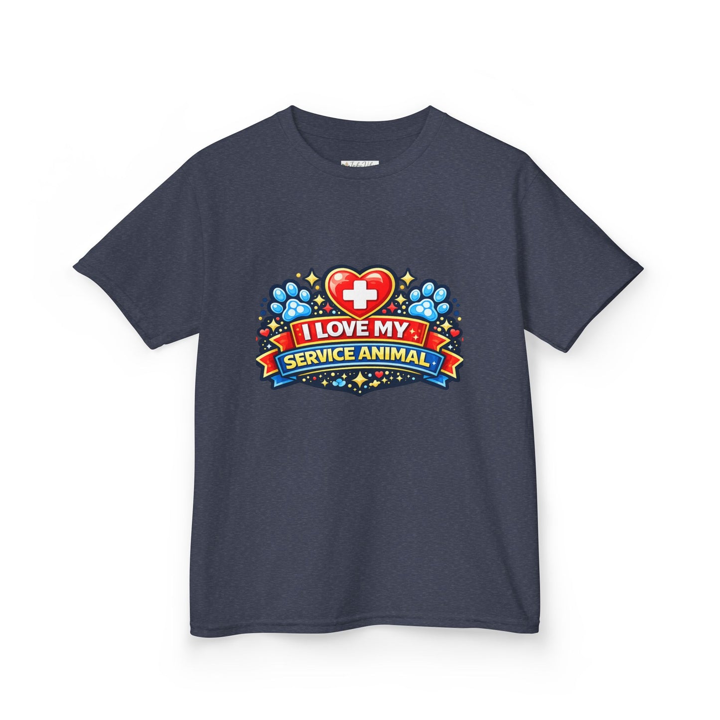 I Love My Service Animal Kid's Tee Shirt Cute Heart and Paw Print Design, Red and Blue