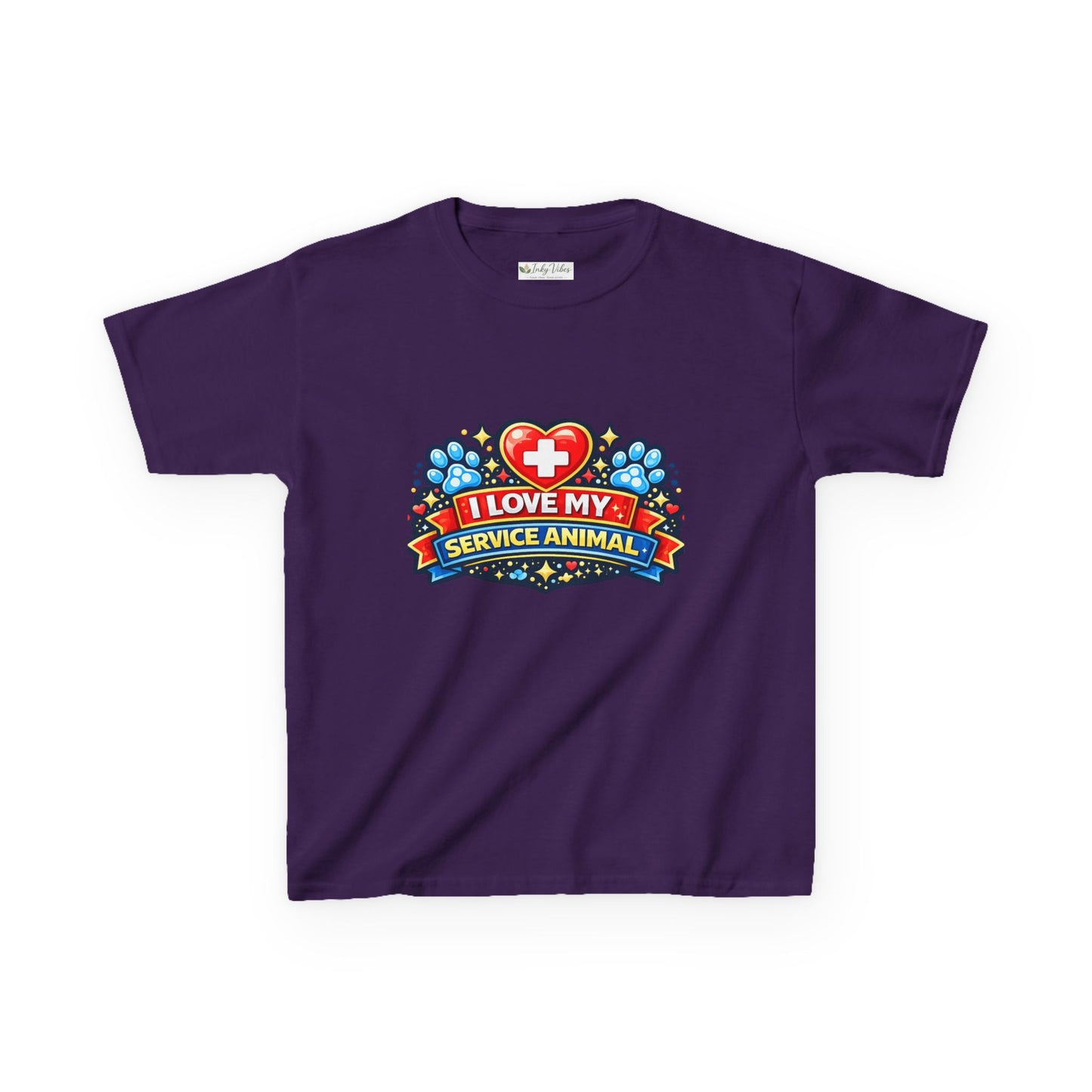 I Love My Service Animal Kid's Tee Shirt Cute Heart and Paw Print Design, Red and Blue