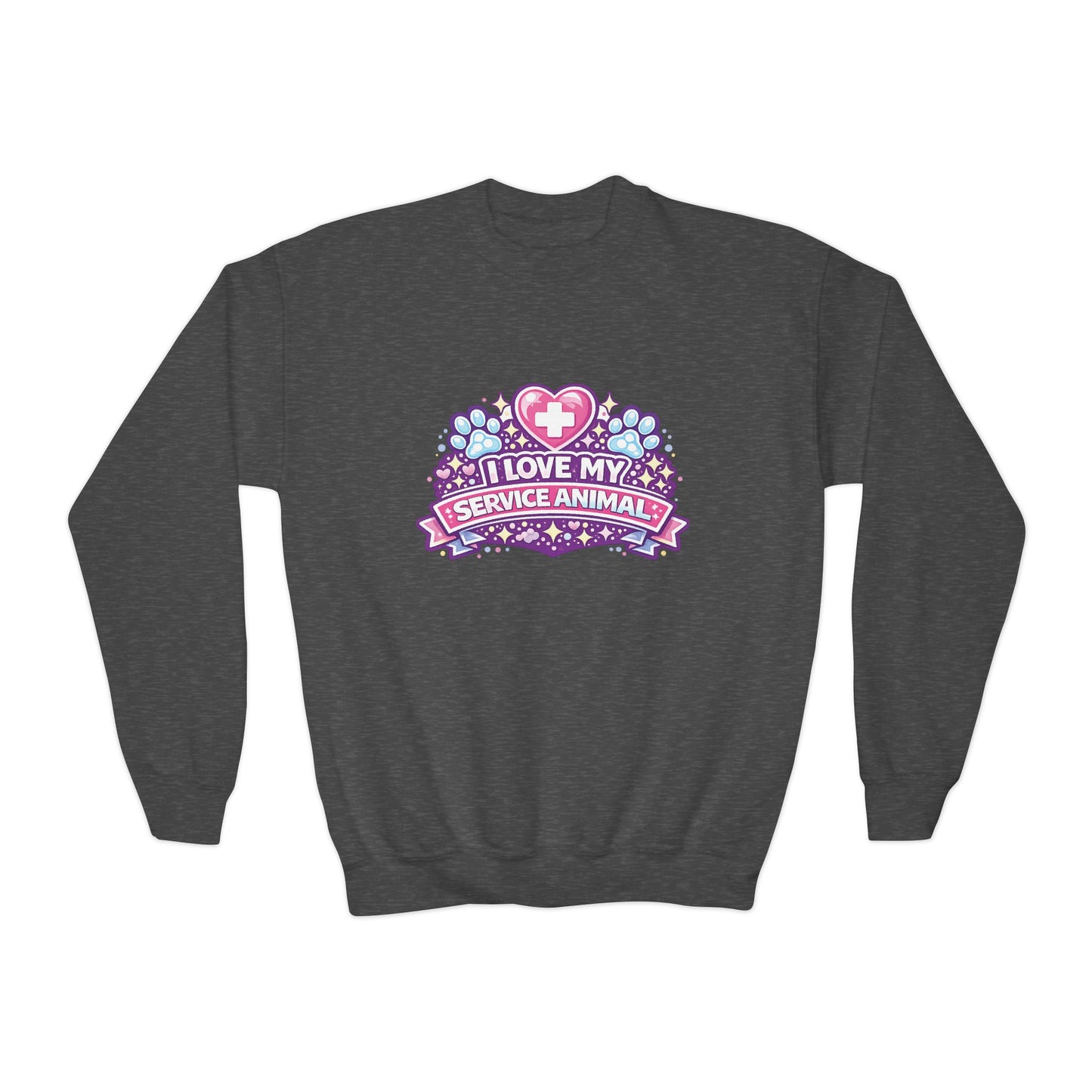 I Love My Service Animal, Youth Crewneck Sweatshirt, Matching, Pink and Purple