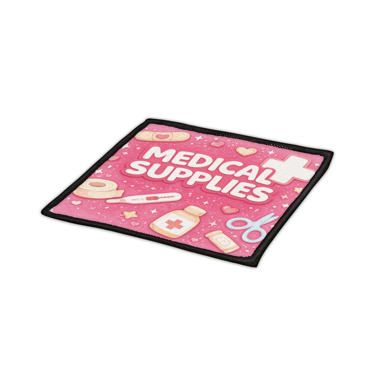 Pink mat with medical supplies design and text on a white background