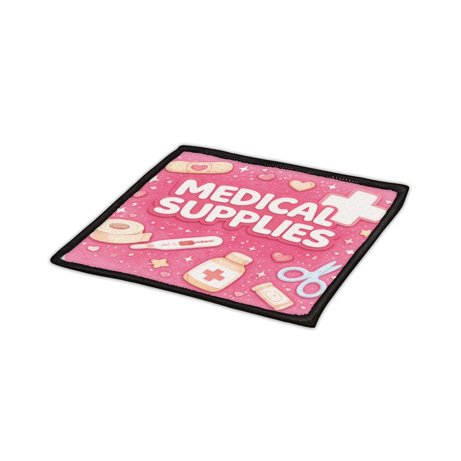 Pink mat with medical supplies design and text on a white background