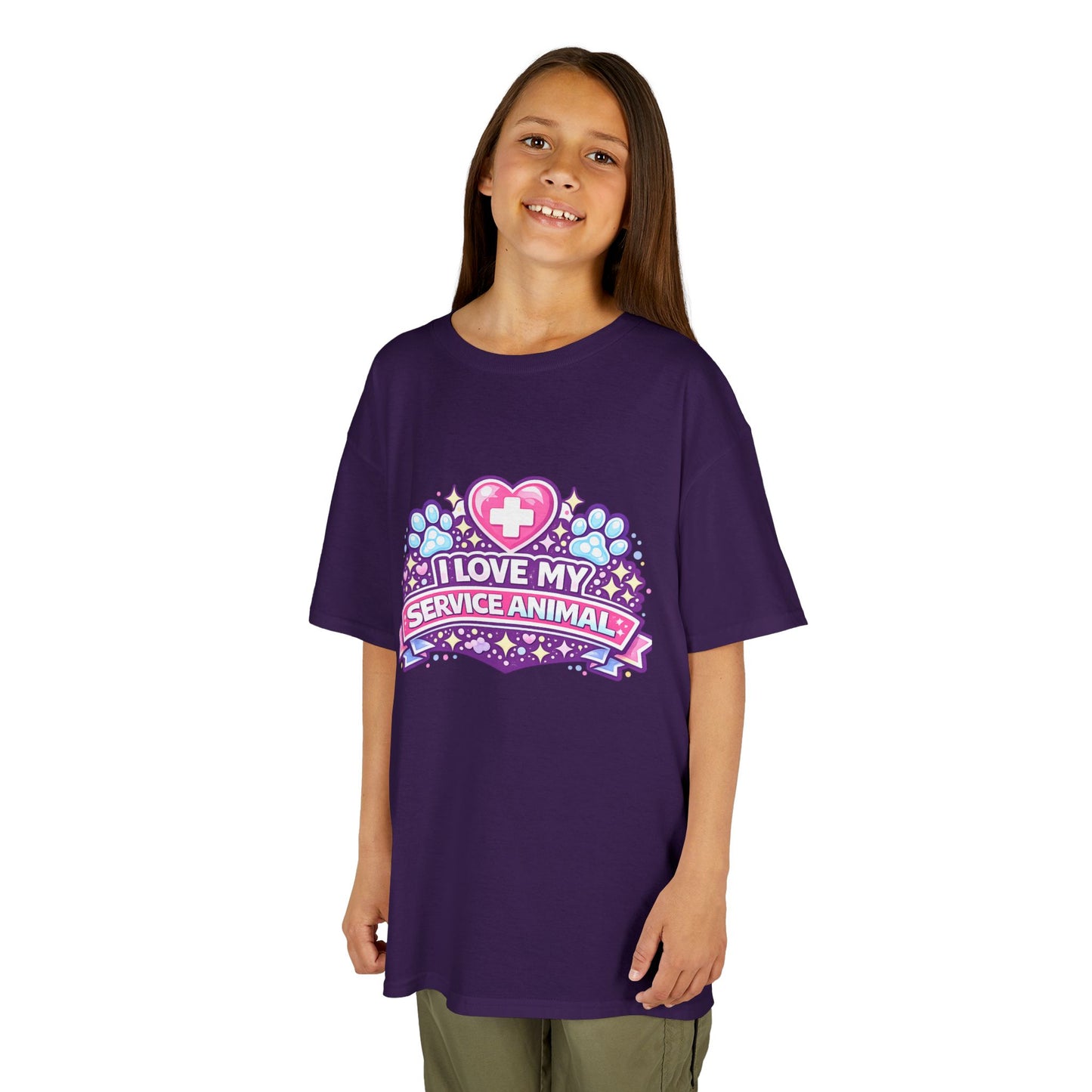 I Love My Service Animal Kid's Tee Shirt Cute Heart and Paw Print Design, Pink and Purple
