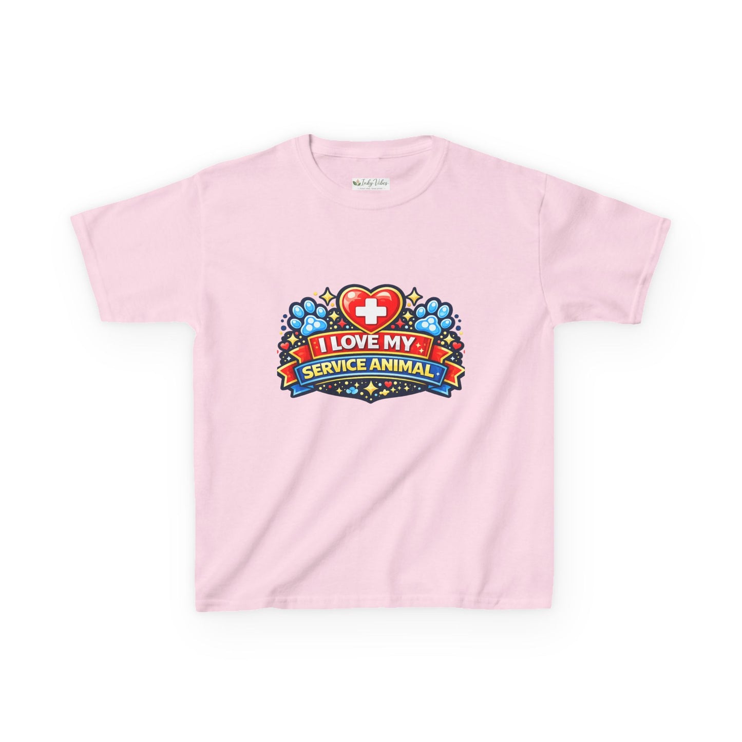 I Love My Service Animal Kid's Tee Shirt Cute Heart and Paw Print Design, Red and Blue