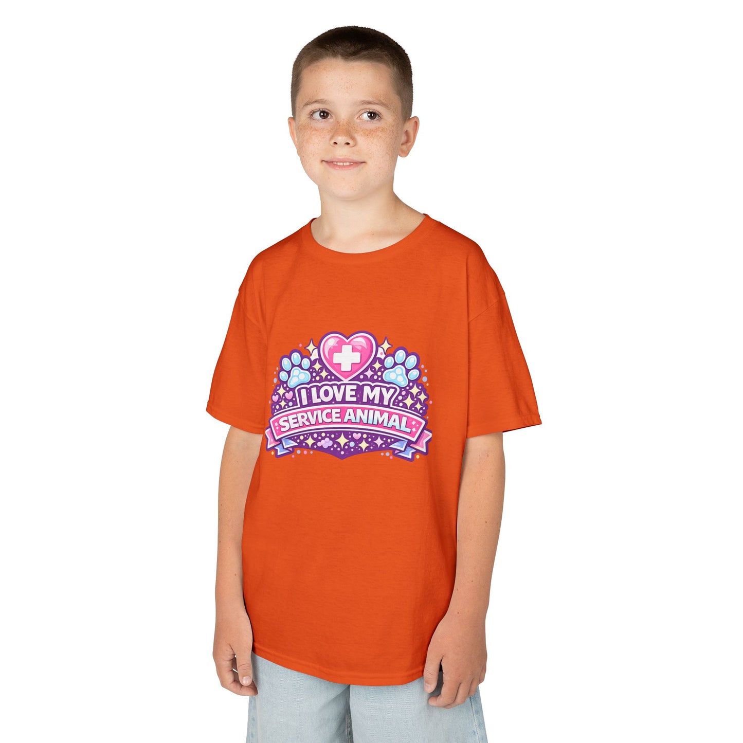 I Love My Service Animal Kid's Tee Shirt Cute Heart and Paw Print Design, Pink and Purple