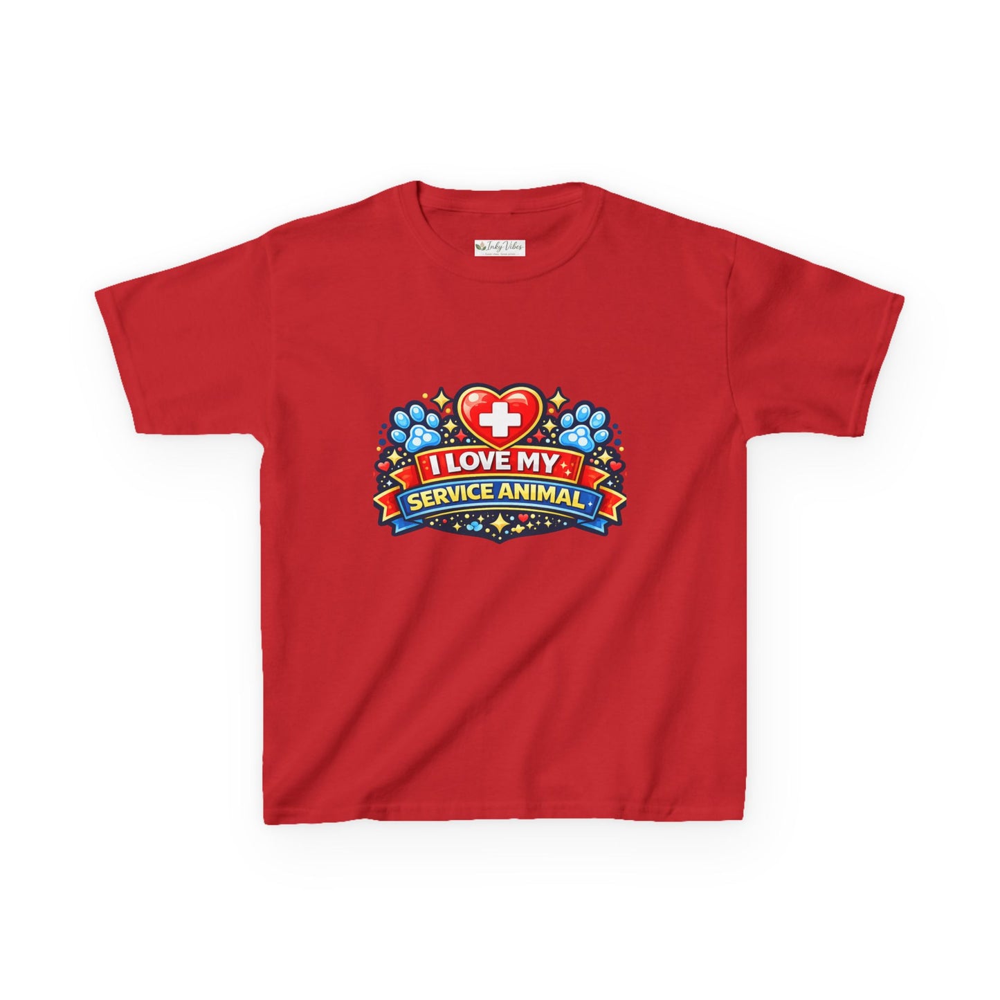 I Love My Service Animal Kid's Tee Shirt Cute Heart and Paw Print Design, Red and Blue