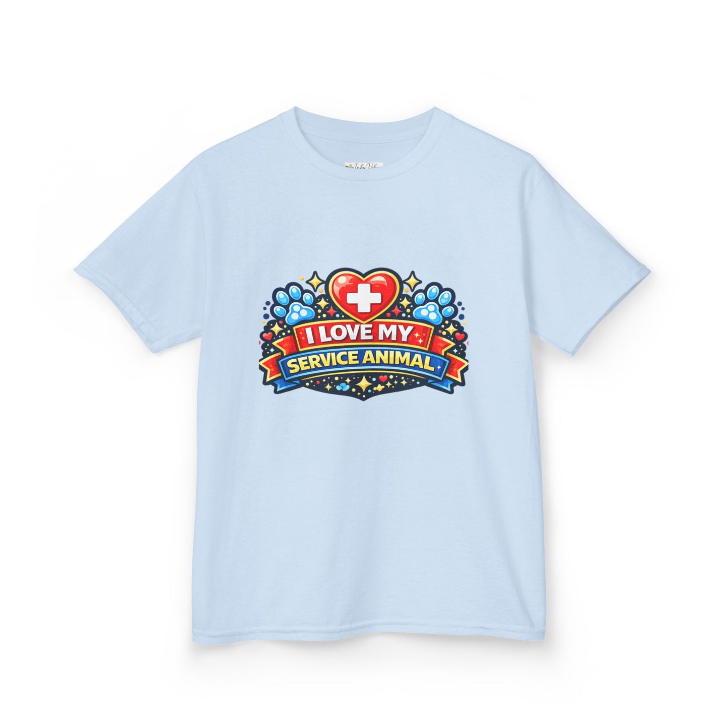 I Love My Service Animal Kid's Tee Shirt Cute Heart and Paw Print Design, Red and Blue