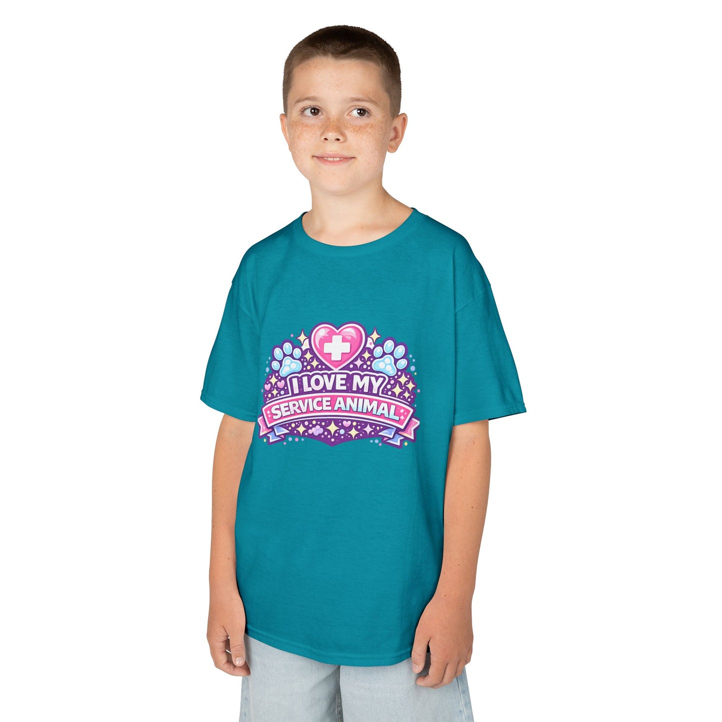 I Love My Service Animal Kid's Tee Shirt Cute Heart and Paw Print Design, Pink and Purple