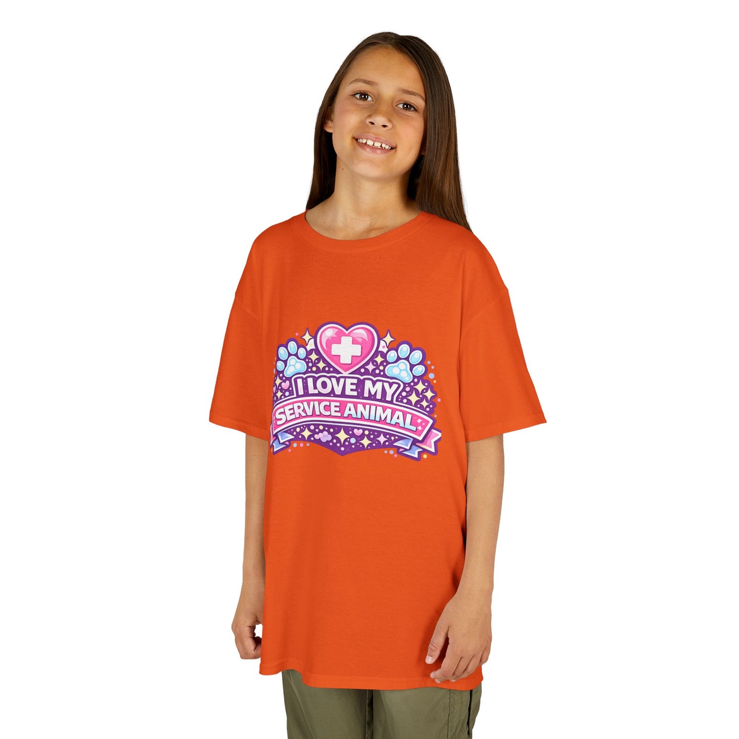 I Love My Service Animal Kid's Tee Shirt Cute Heart and Paw Print Design, Pink and Purple