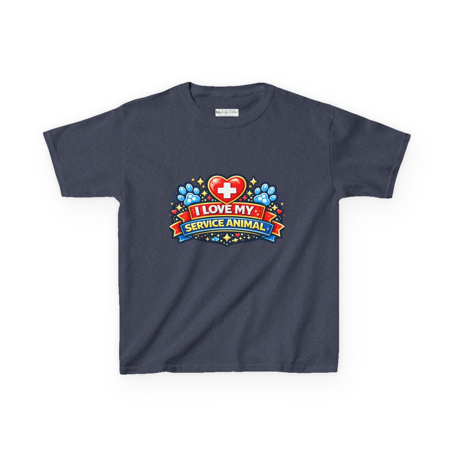I Love My Service Animal Kid's Tee Shirt Cute Heart and Paw Print Design, Red and Blue