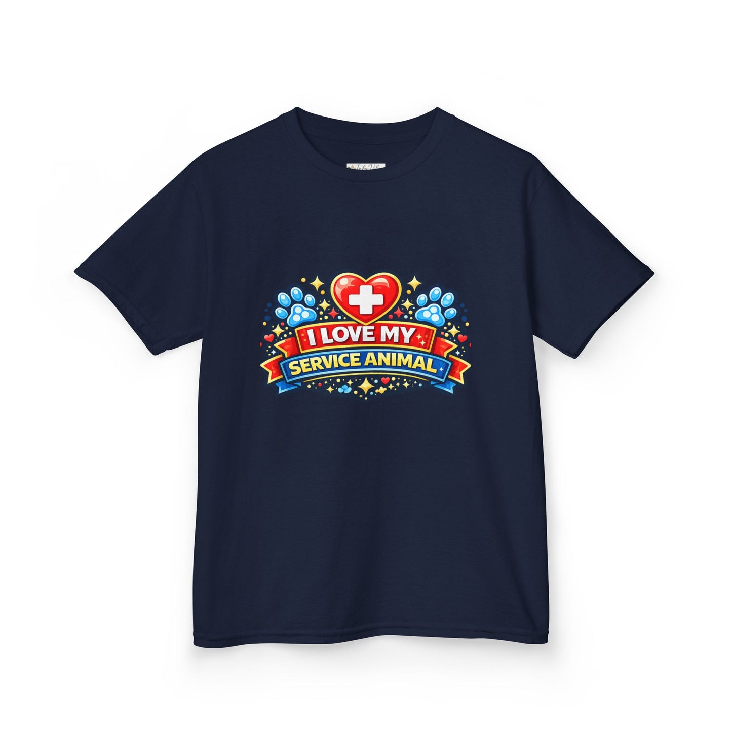 I Love My Service Animal Kid's Tee Shirt Cute Heart and Paw Print Design, Red and Blue