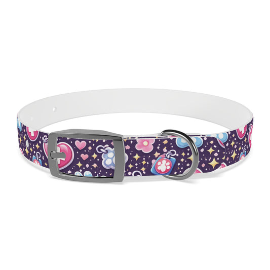 Dog Collar — Cute Paw & Heart Patterned Pet Collar (Pink and Purple)
