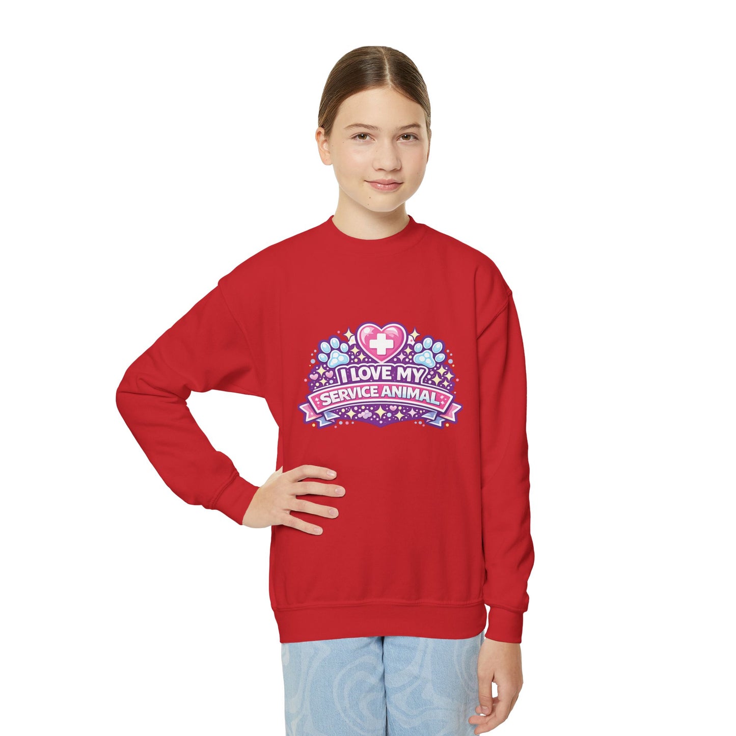I Love My Service Animal, Youth Crewneck Sweatshirt, Matching, Pink and Purple