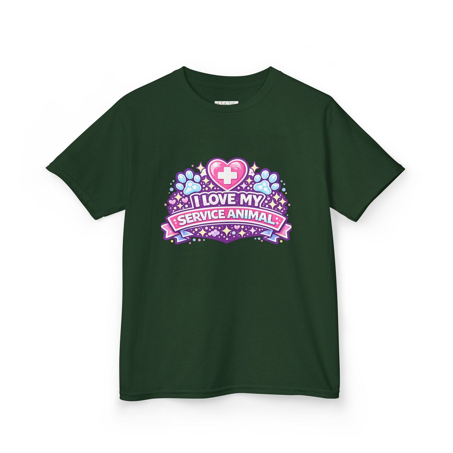 I Love My Service Animal Kid's Tee Shirt Cute Heart and Paw Print Design, Pink and Purple